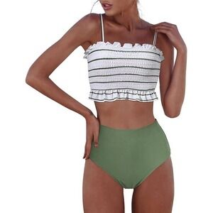MSRP $44 RXRXCOCO Women's S Green Stripe Shirred Bandeau Bikini Cute Swimsuit